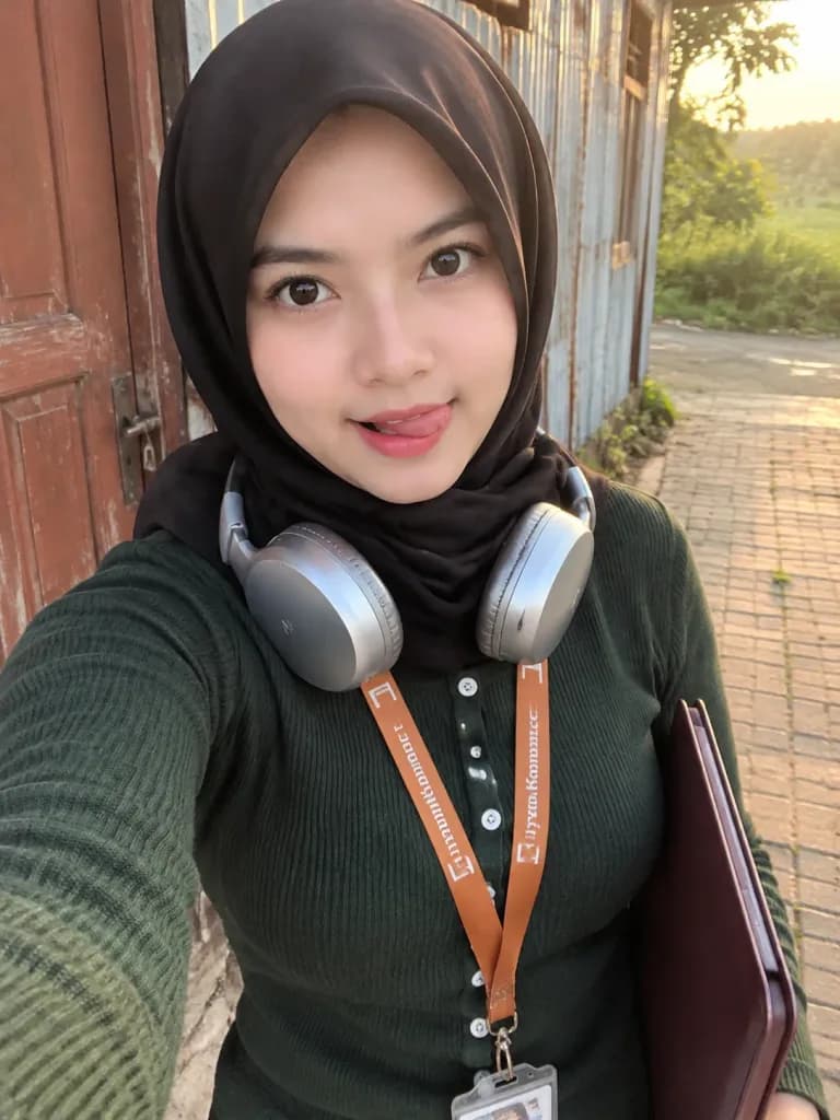 Playful Hijab Student Outdoor Selfie
