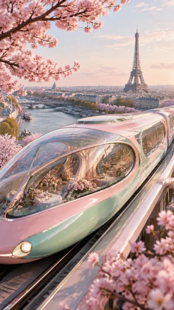 パリの桜とレトロフューチャー特急列車