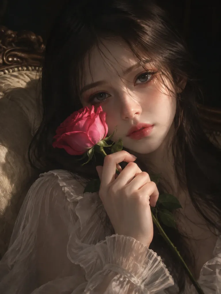 手執玫瑰的憂鬱女性特寫肖像