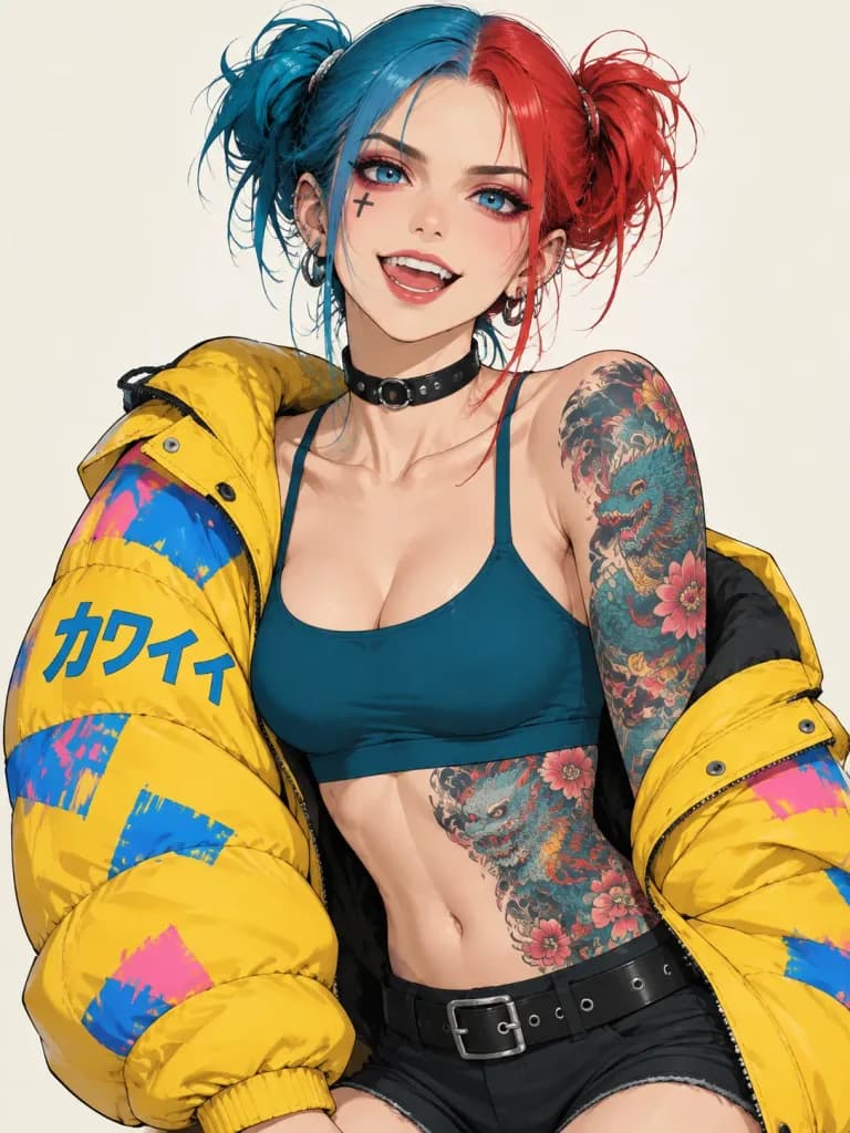 Punk Anime Woman with Split-Dyed Hair