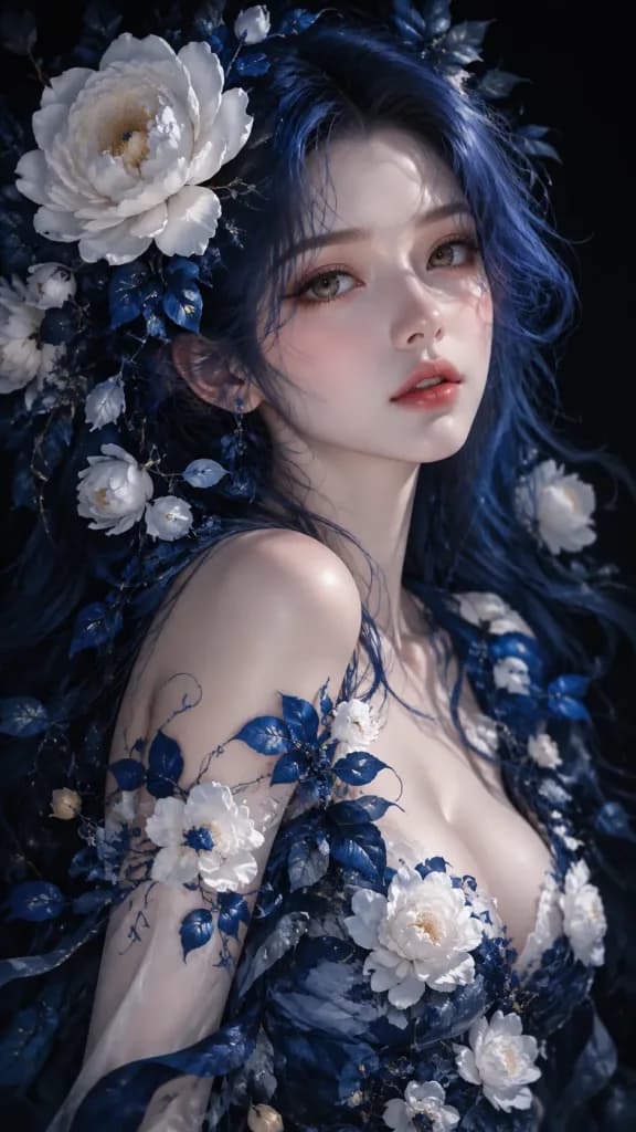 미드나이트 블루 헤어와 꽃의 몽환적 초상화