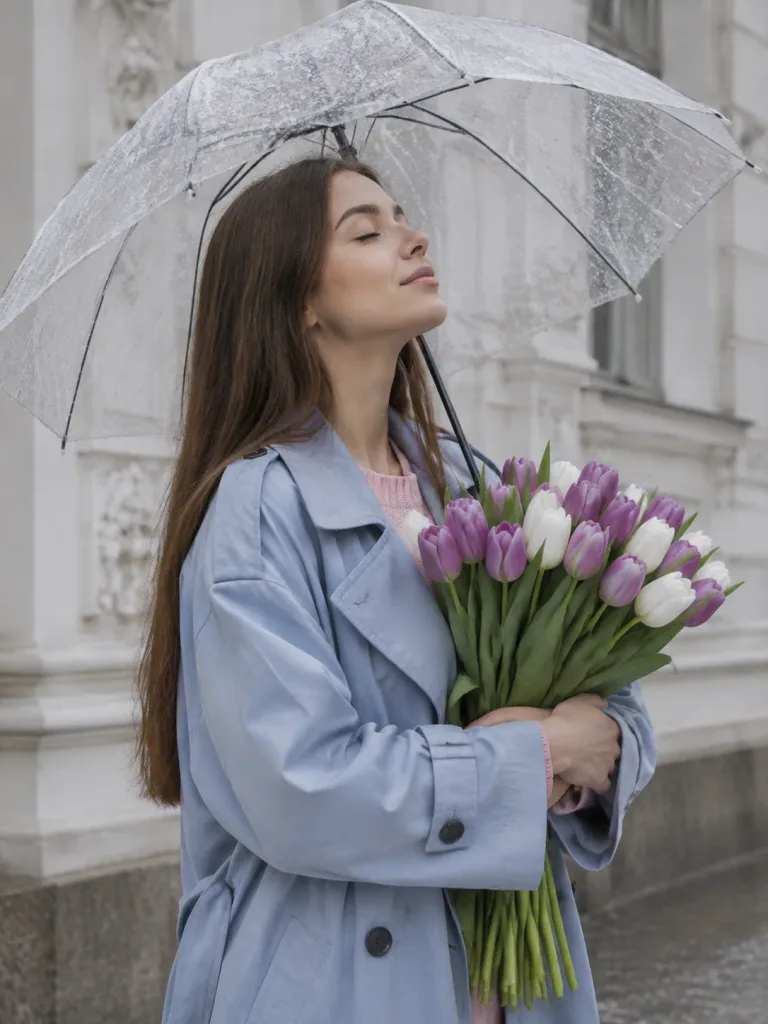 Woman with Tulips in Rainy City