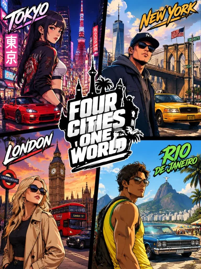 애니메이션 GTA 스타일 4개국 도시 복합 포스터