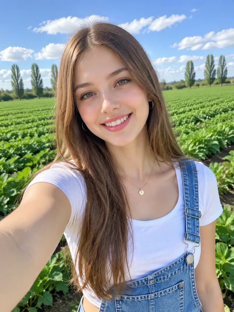 Young Woman Selfie in Green Agricultural Field