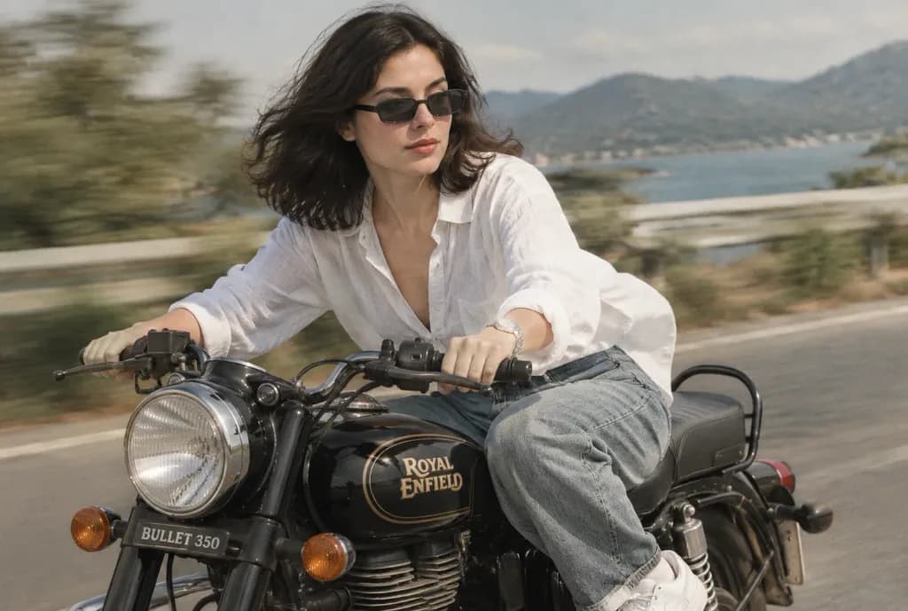 クラシックバイクで公道を走る女性