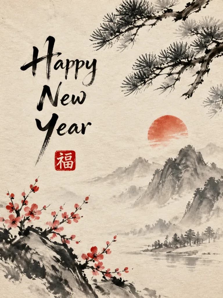 New Year Ink Wash Greeting Card