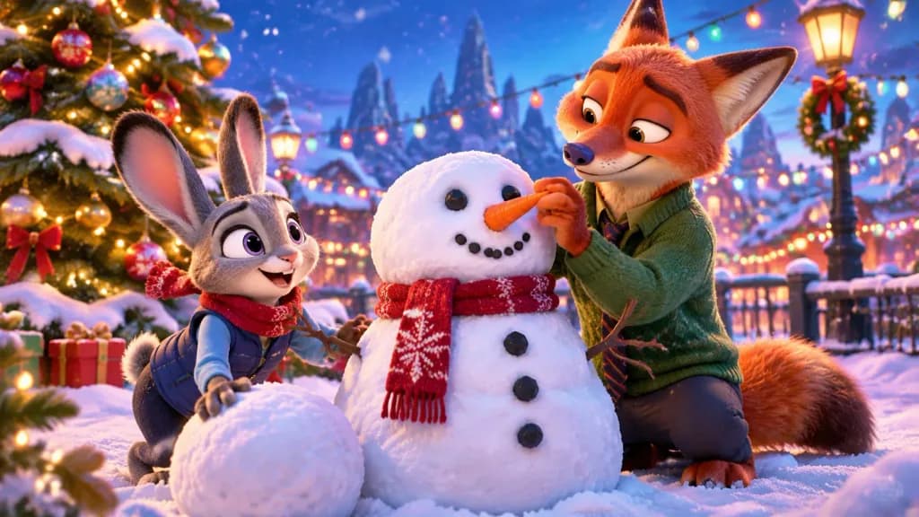 キツネとウサギの冬の雪だるま作り