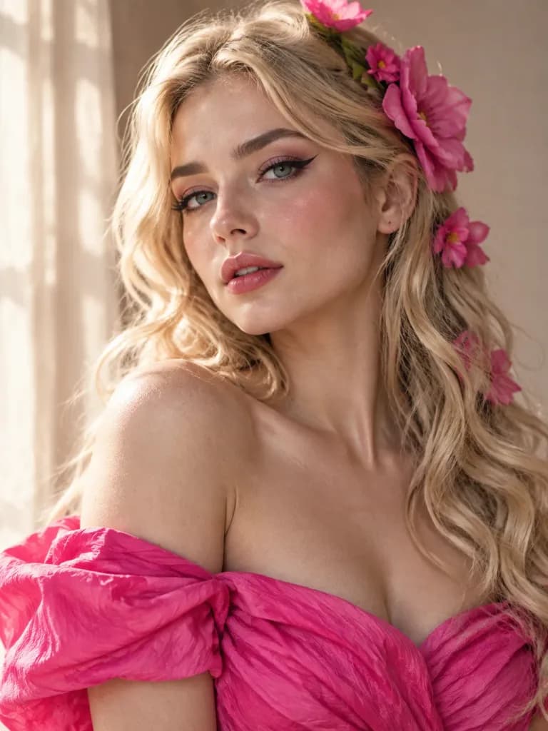 Couture-Porträt einer Frau mit Rosa Blüten