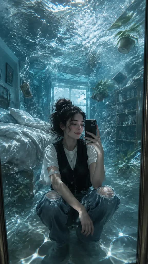 Calm Mirror Selfie in Flooding Room