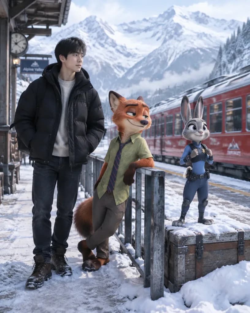 Alpine Train Station with Animated Companions