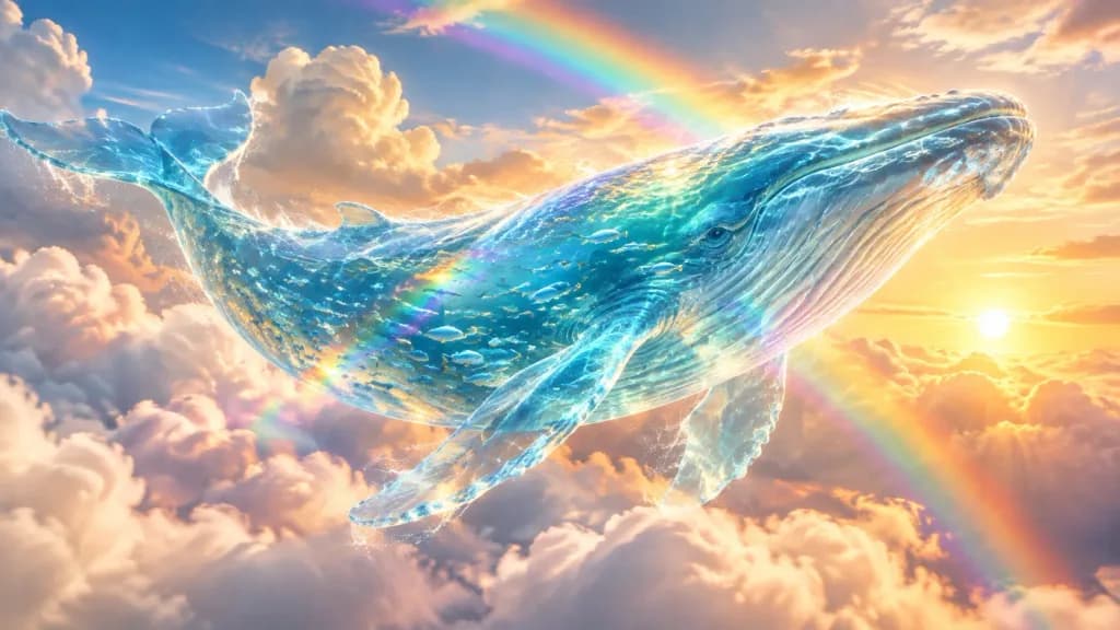 Translucent Water Whale Floating in Clouds