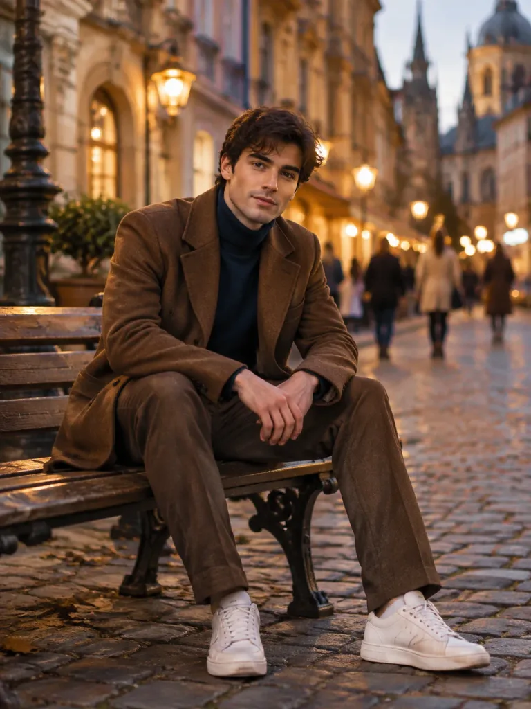 Stylish Man on European Cobblestone Street
