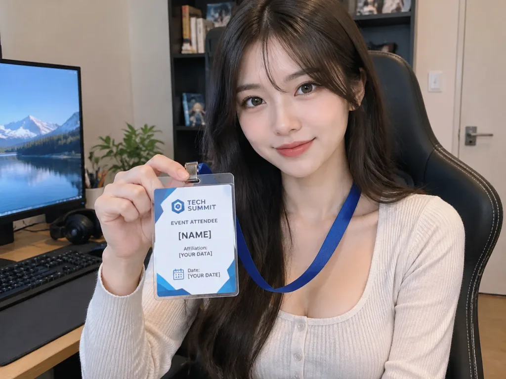 책상 앞 행사 배지 제시
