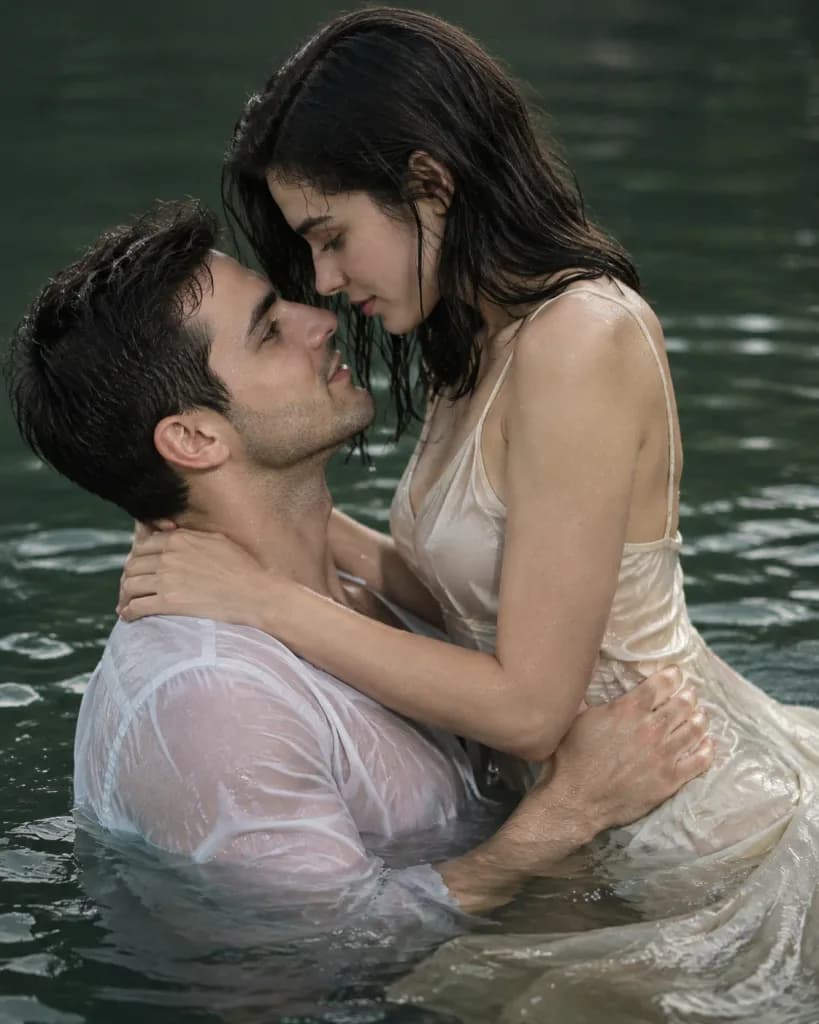 คู่รักโอบกอดสุดโรแมนติกในทะเลสาบ