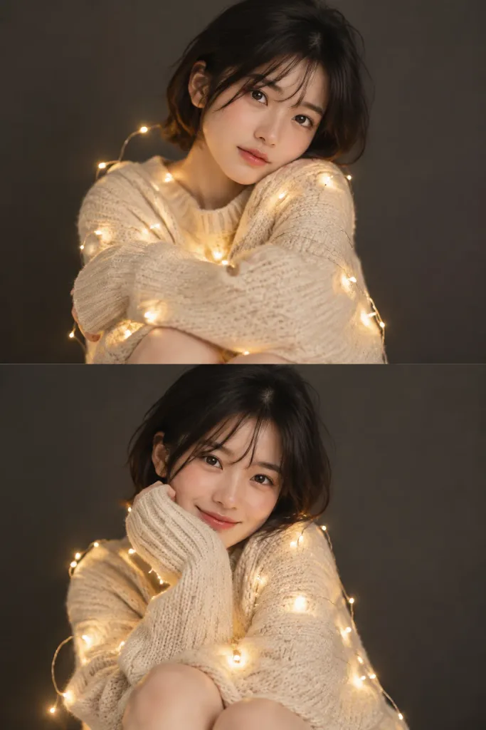 フェアリーライトに包まれた親密なスタジオポートレート
