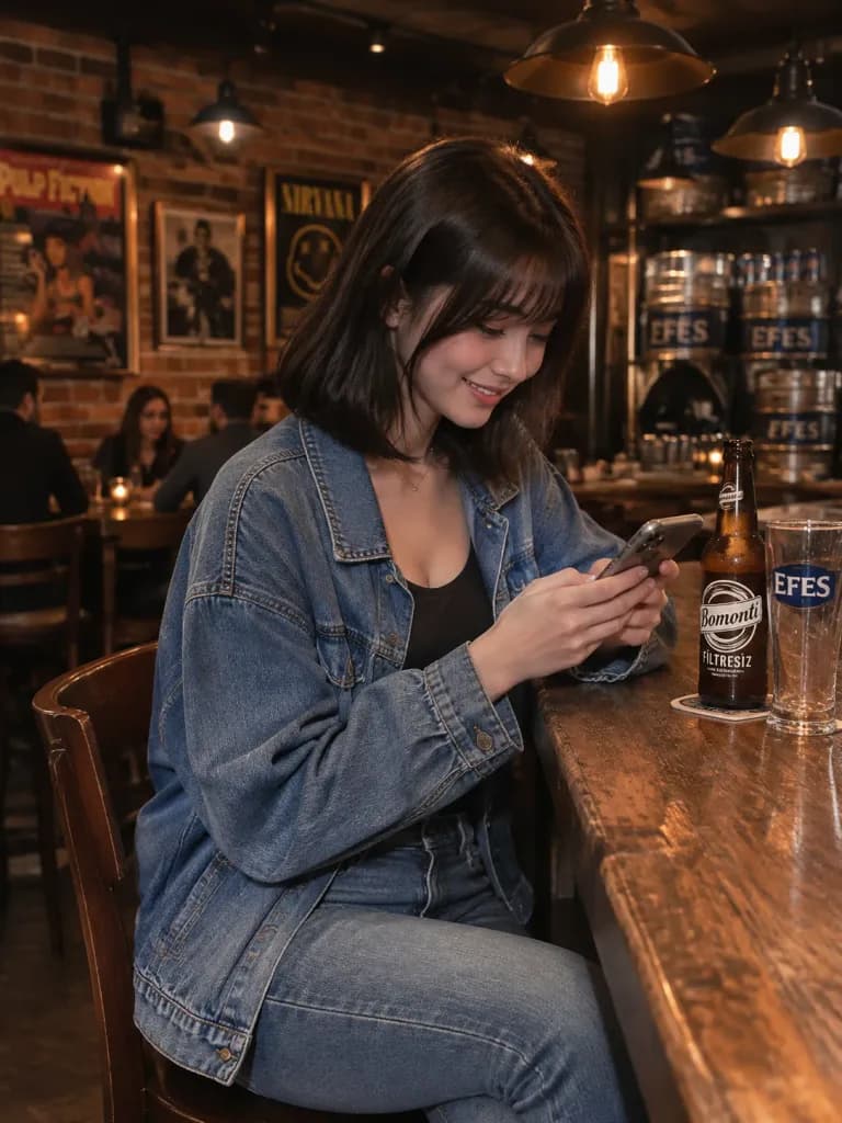 Candid Bar Portrait with Phone and Beer