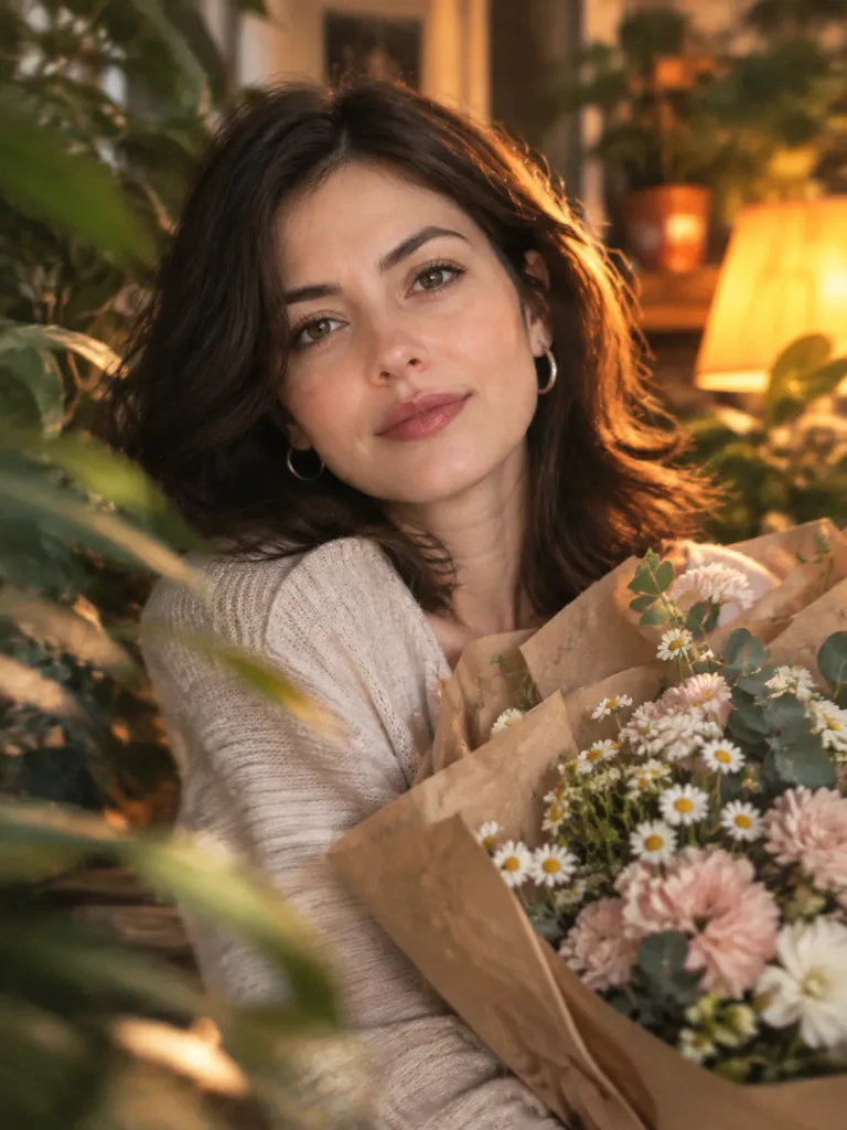 暖光绿植鲜花人像