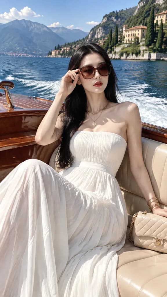 Elegant Woman on Lake Como Riva Boat