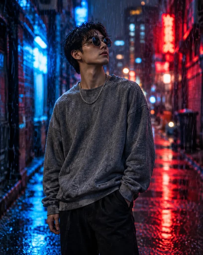 비 내리는 골목의 시네마틱 네온 인물 사진