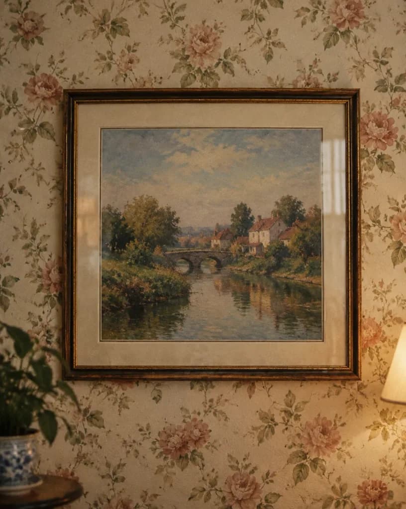 Framed Painting on Floral Wallpaper
