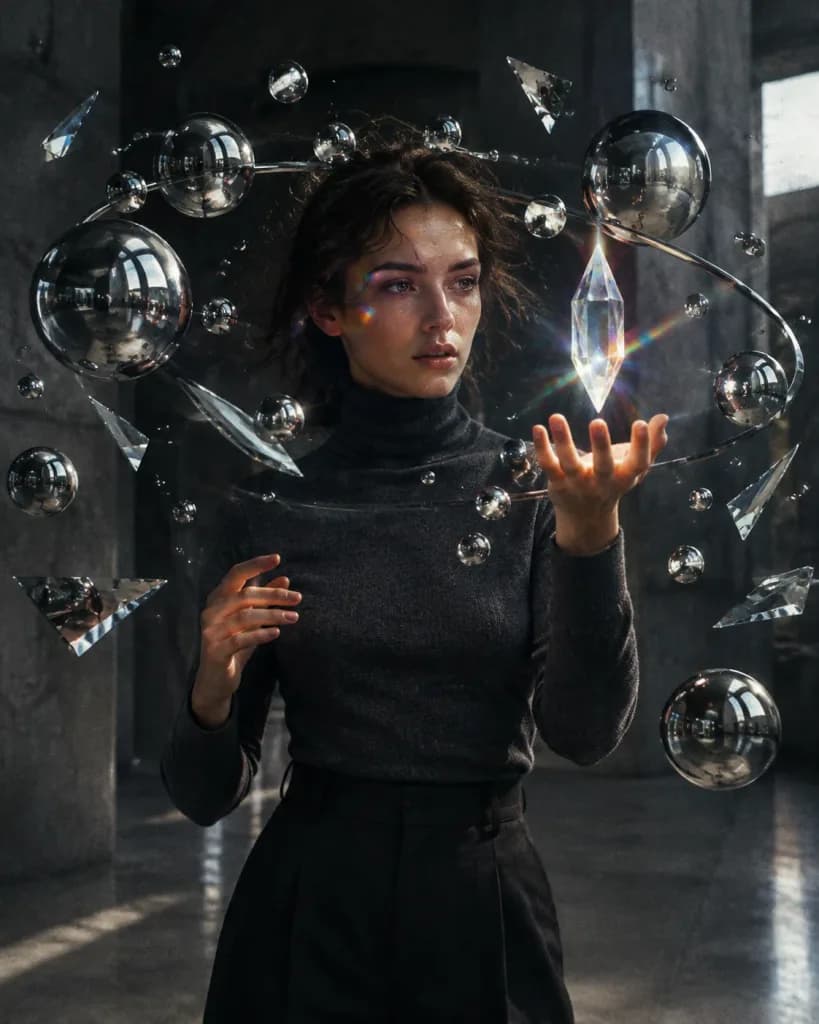 Surreal Brutalist Portrait with Chrome Orbits
