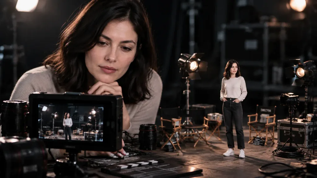 Woman Supervising Miniature Film Set of Herself