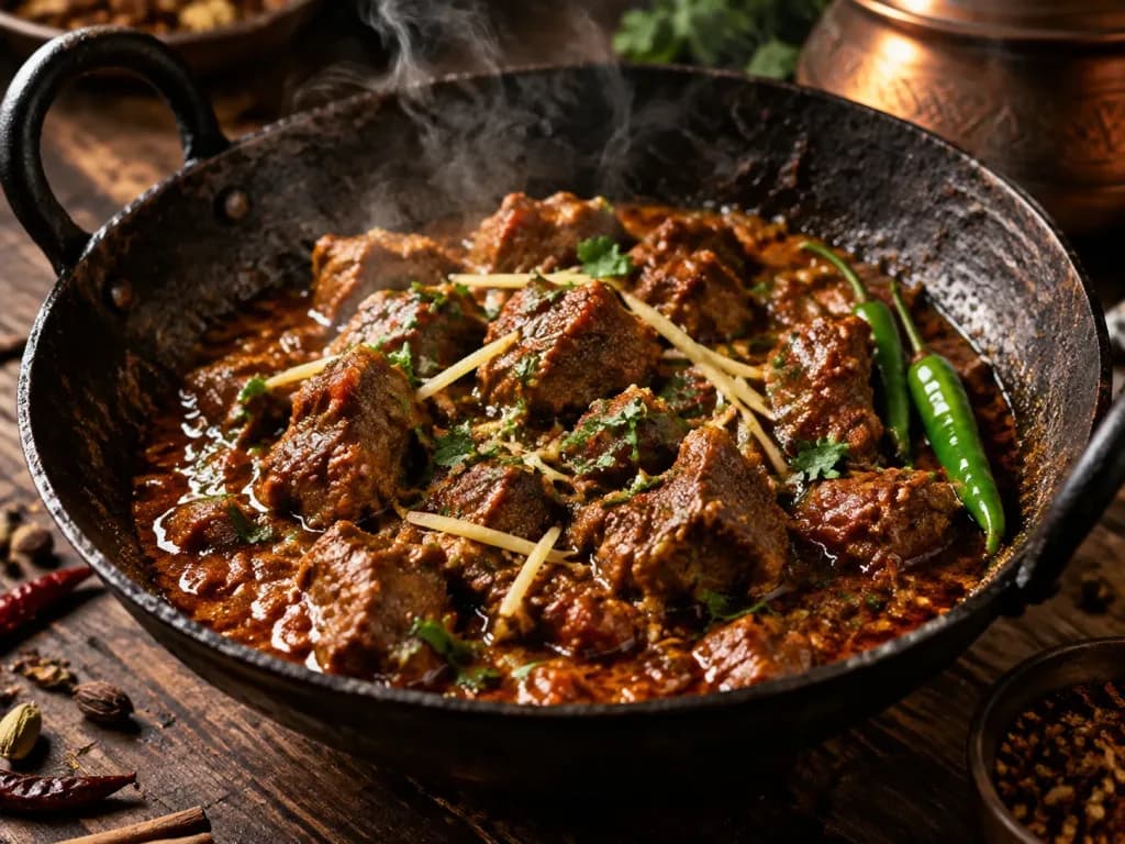 Rustic Sizzling Mutton Karahi Macro Shot