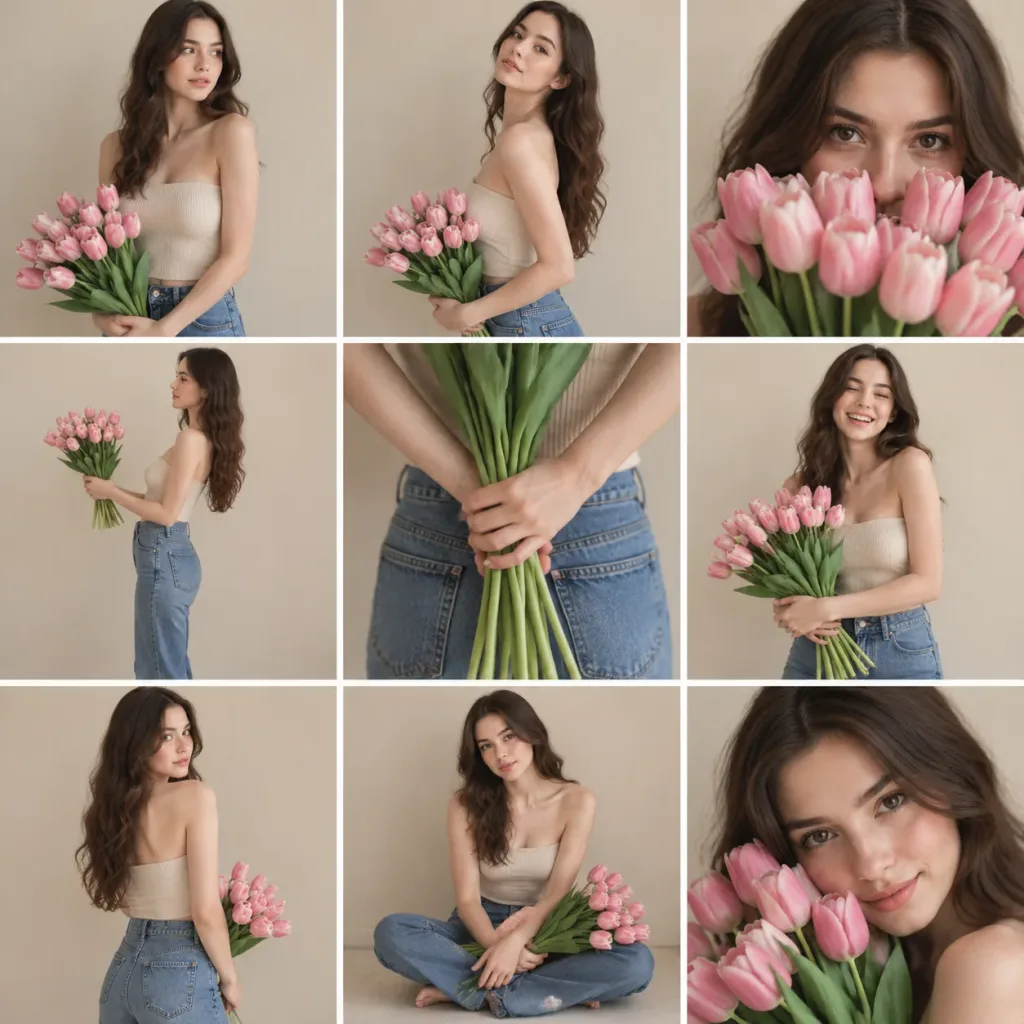 Woman with Pink Tulips Editorial Contact Sheet