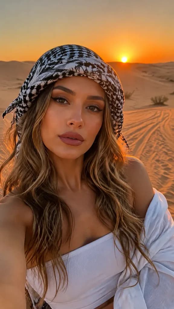 صورة سيلفي في الصحراء وقت الغروب الذهبي