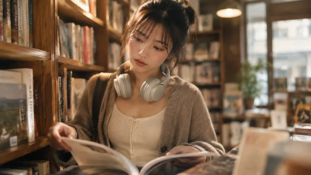 아늑한 서점에서 잡지를 읽는 여성