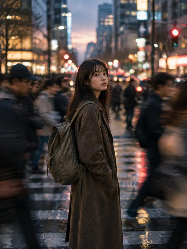 Cinematic Street Portrait in Motion Crowd