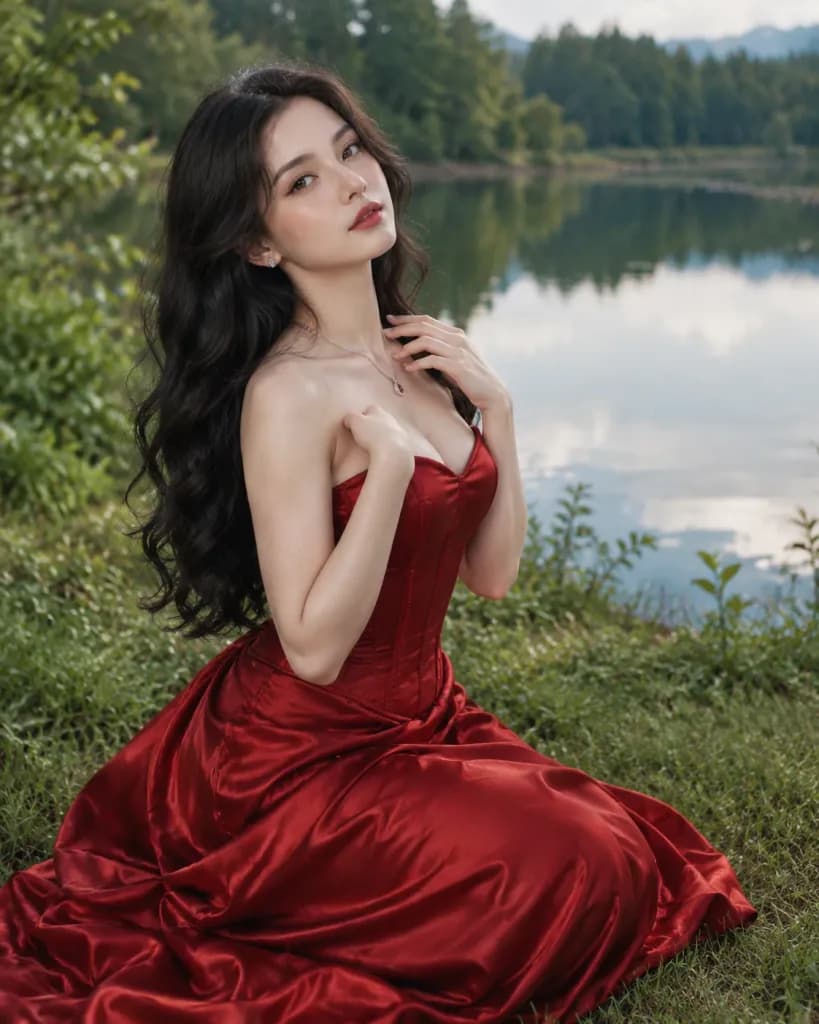 湖畔のサテンドレス エディトリアルポートレート