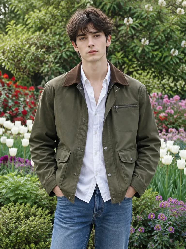 Man in Field Jacket Garden Portrait