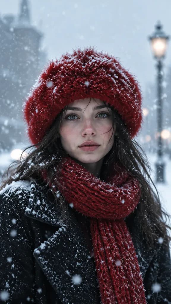 Snowy Winter Portrait in Red Scarf