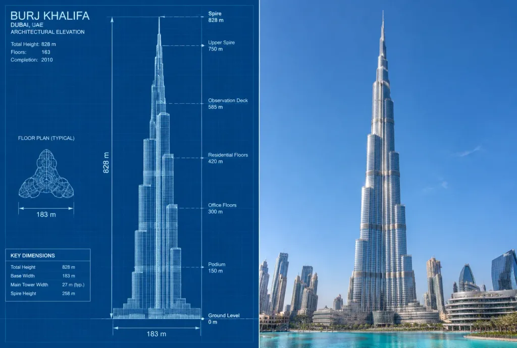 Burj Khalifa Blueprint and Photo Comparison