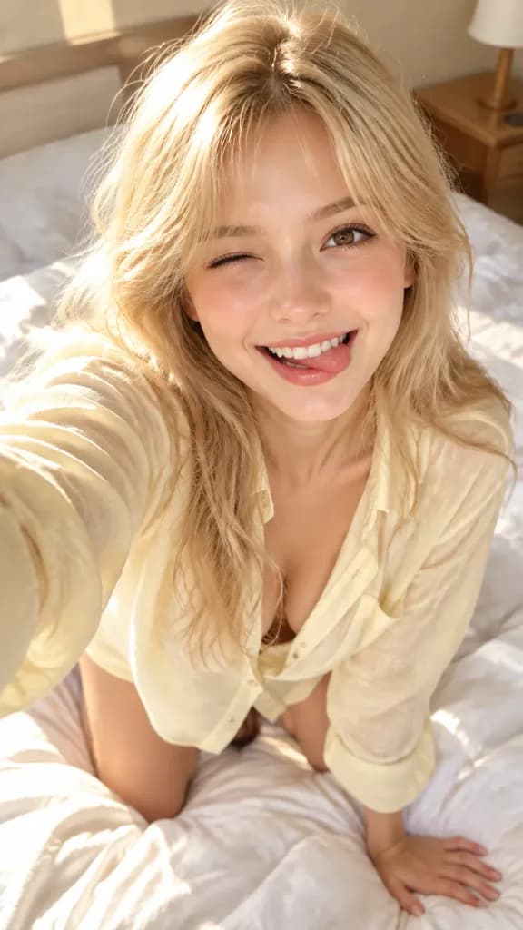 朝のベッドサイド自撮りポートレート