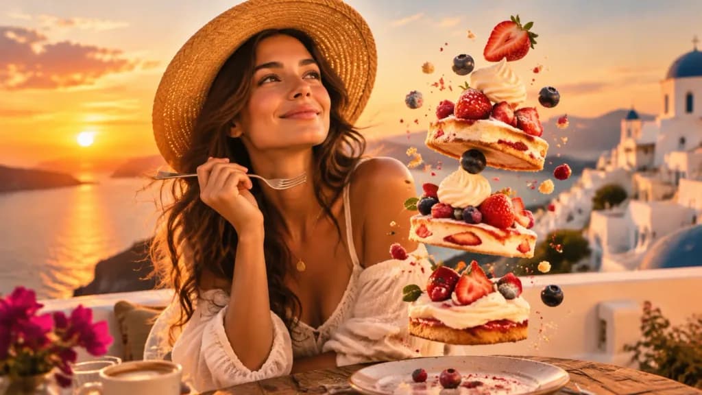 Santorini Rooftop Cafe with Exploded Dessert