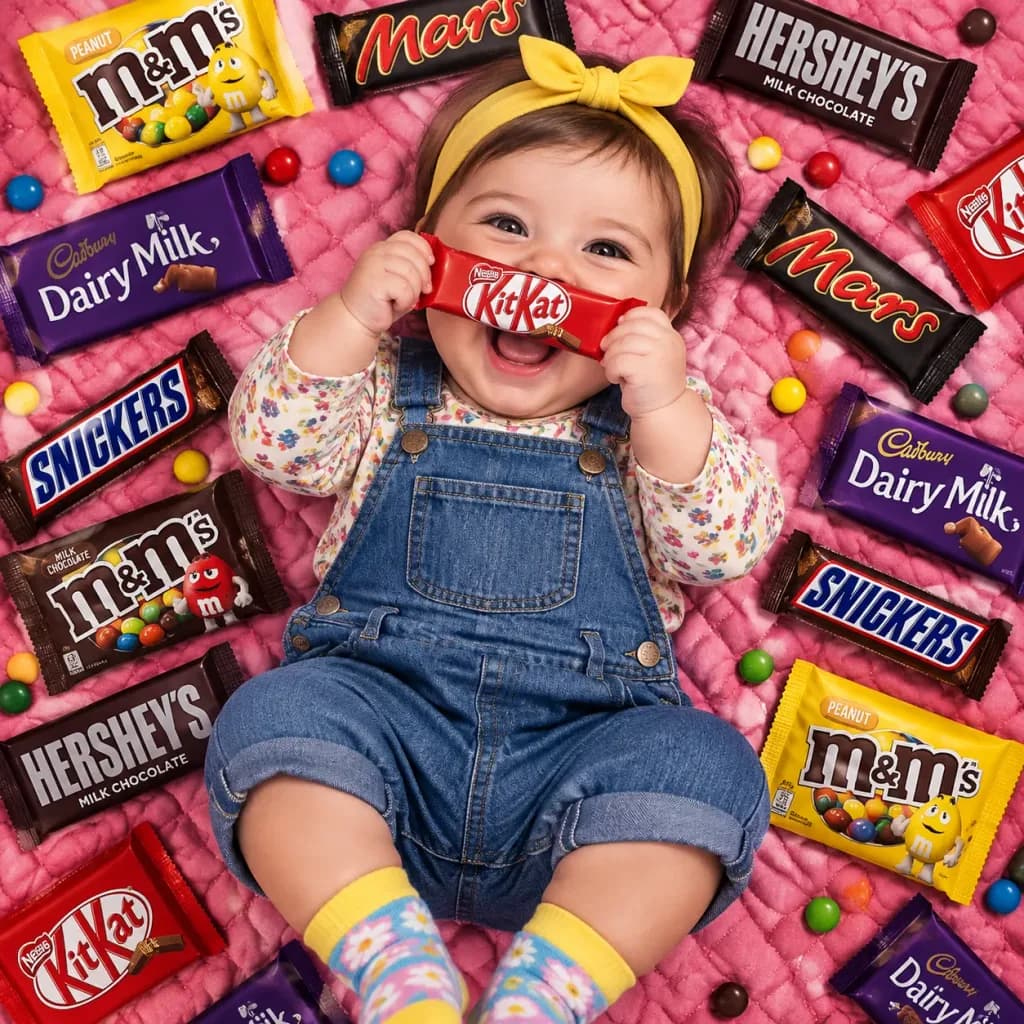 お菓子に囲まれた赤ちゃんのフラットレイ