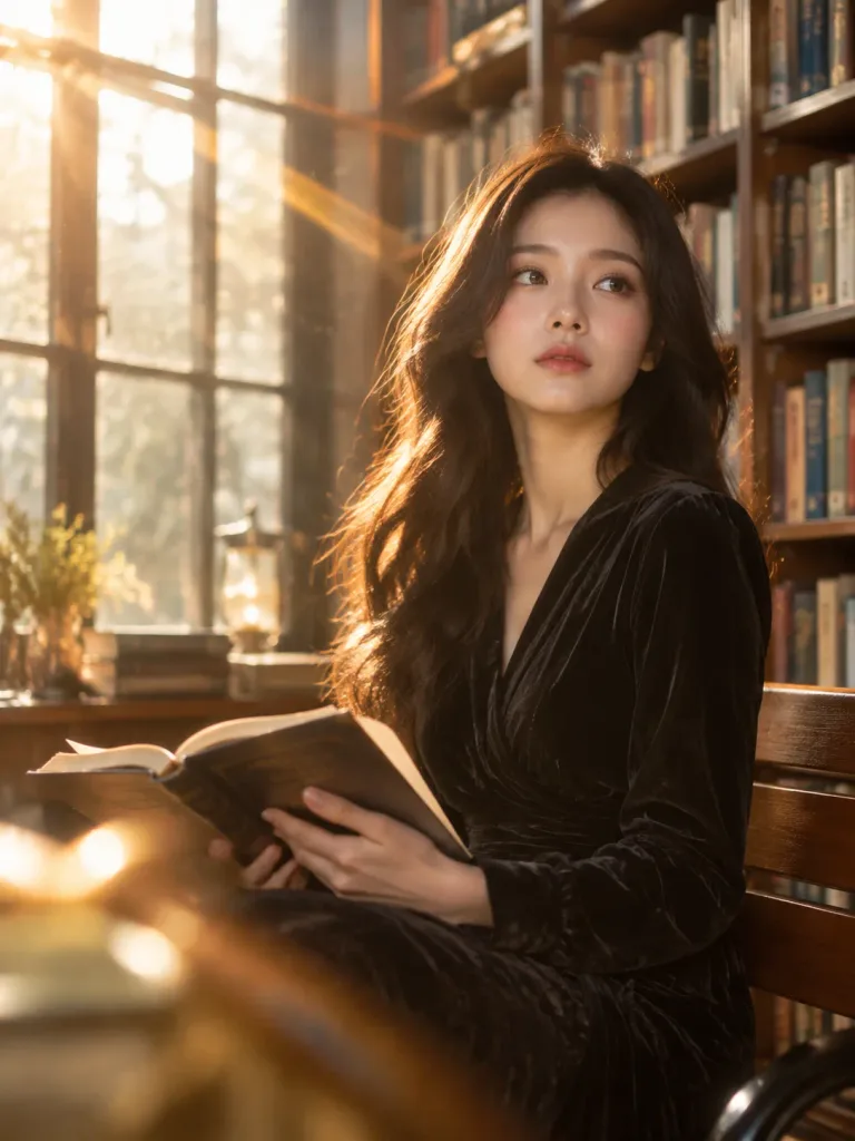 陽光が差すロフト図書館で読書する女性
