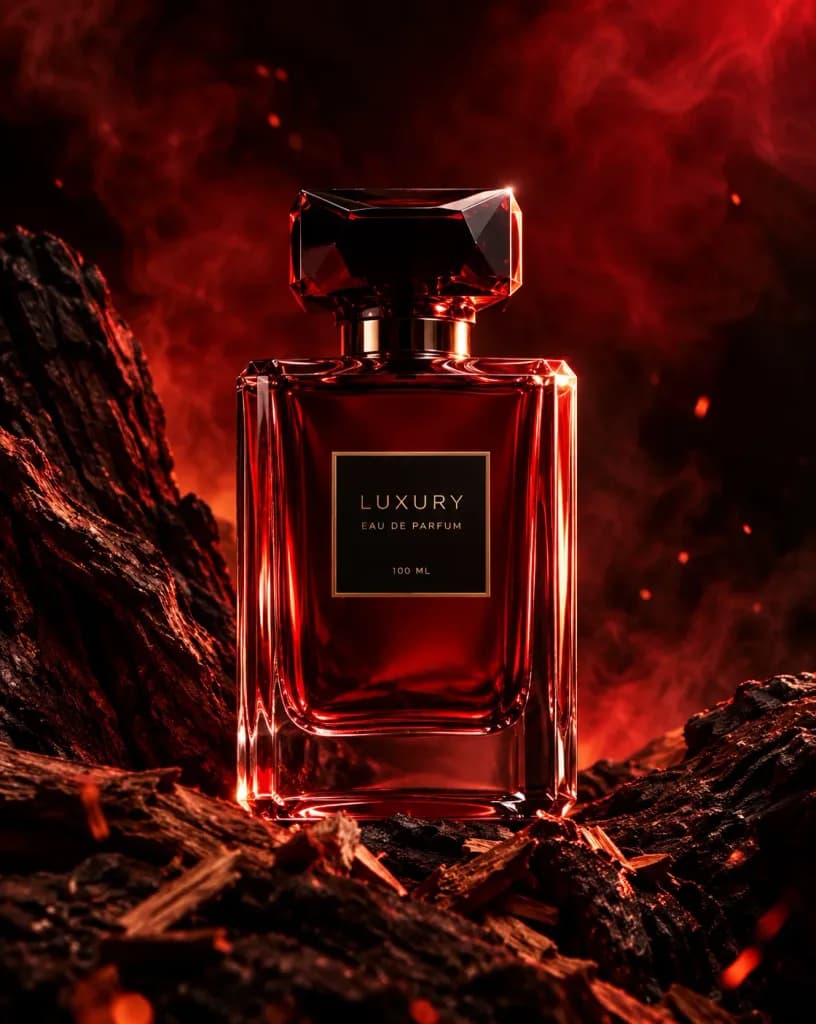 Luxury Perfume on Dark Woody Textures