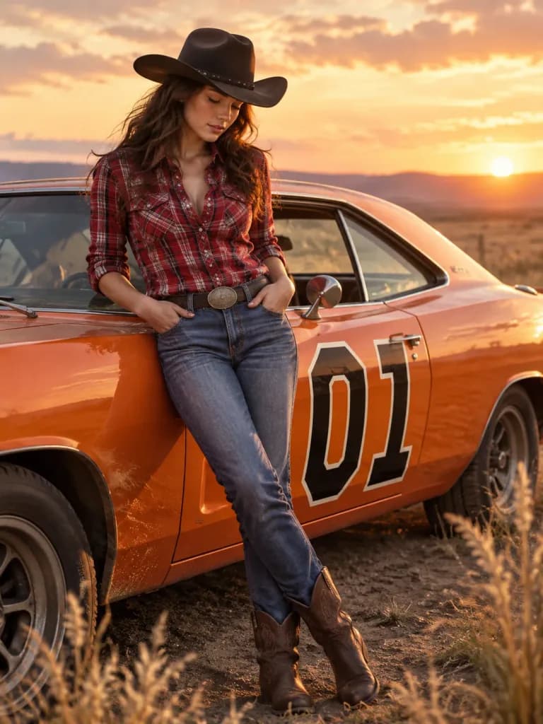 Western Model Posing by Muscle Car