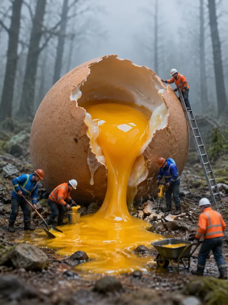 Miniature Workers Harvesting Giant Cracked Egg
