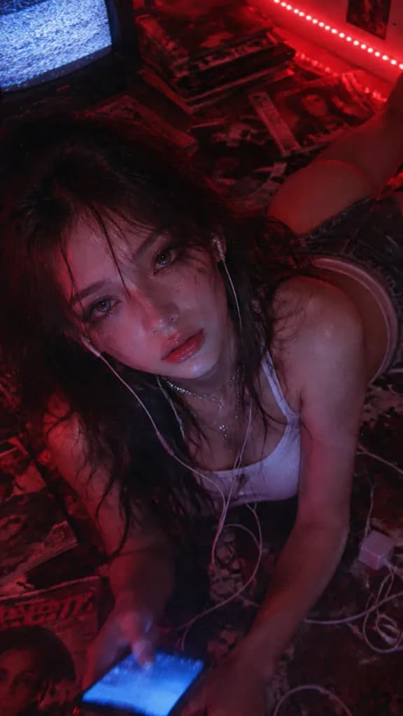 ローファイY2K 赤い寝室のポートレート